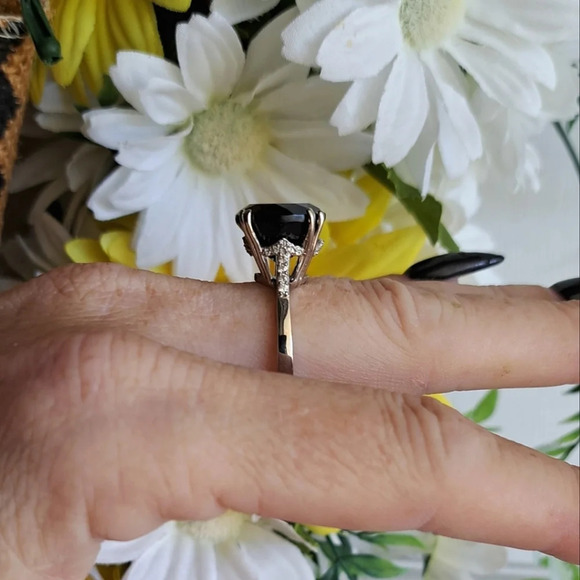 Black Tourmaline & White Zircon Ring In 925 Sterling Silver - Picture 2 of 6